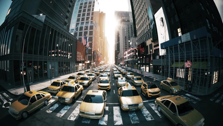 Taxi traffic jam in a big city. Many taxis on the street on a busy day in manhattan. New York taxis. 3d visualization