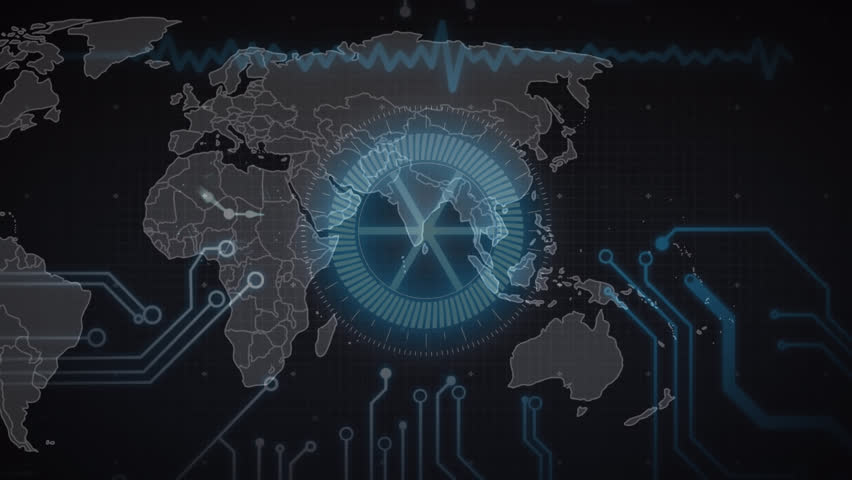 Animation of neon ticking clock, round scanner and microprocessor connections against world map. Computer interface and business technology concept - Powered by Shutterstock - Get 15% off with code: PIKWIZARD15