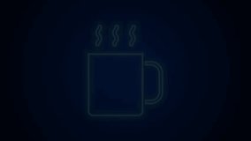 Glowing neon line Cup of tea icon isolated on black background. 4K Video motion graphic animation.