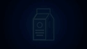 Glowing neon line Paper package for milk icon isolated on black background. Milk packet sign. 4K Video motion graphic animation.