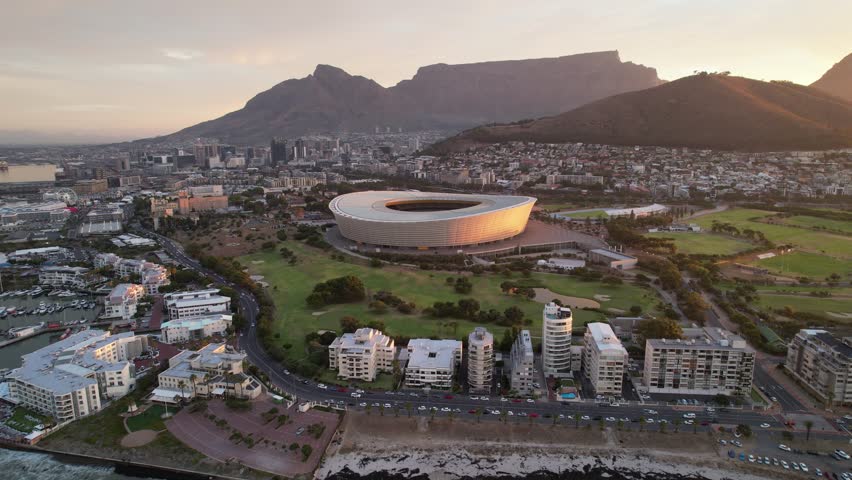 Greenpoint stadium in Cape Town during sunset.