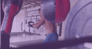 Animation of data processing over african american man exercising in boxing gym. Sports, competition, exercise and data processing concept digitally generated video.