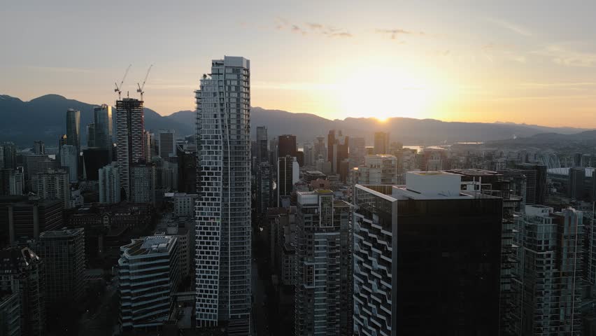 Aerial view of the skyscrapers in Downtown of Vancouver at sunset, Canada
