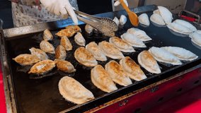Mandu (Korean Dumplings) at a Korean street food market. Myeongdong night market in Seoul, South Korea. Vertical video.