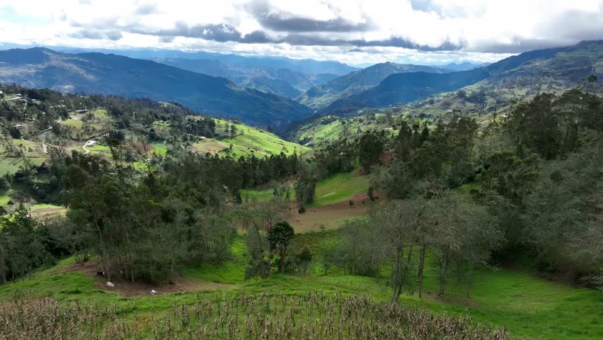 Aereal view of mountains and grasslands in the Andes, Andean or Sierra geographical region of the Peru that extends from north to south through the Cordillera de los andes. Royalty-Free Stock Footage #1105552247