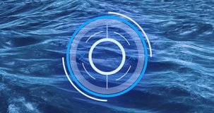Animation of blue scope rotating over changing sea wave backgrounds. Nature, data, energy and communication concept digitally generated video.