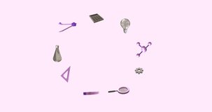 Animation of education icons in circle with copy space over purple background. Learning, education and school concept digitally generated video.