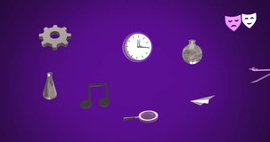 Animation of education icons with back to school text over purple background. Learning, education and school concept digitally generated video.