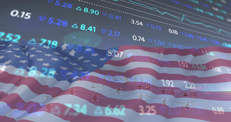 Animation of financial data processing over flag of united states of america. Global business, finance and data processing concept digitally generated video.