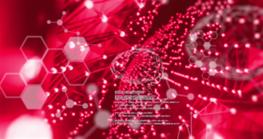Animation of element, molecules, brain and data processing over network of red lights. Medical science, data, communication, digital interface and retro future concept digitally generated video.
