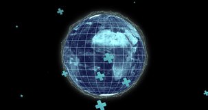 Animation of blue crosses falling over globe with network of connections on black background. Data, global communication, digital interface and retro future concept digitally generated video.