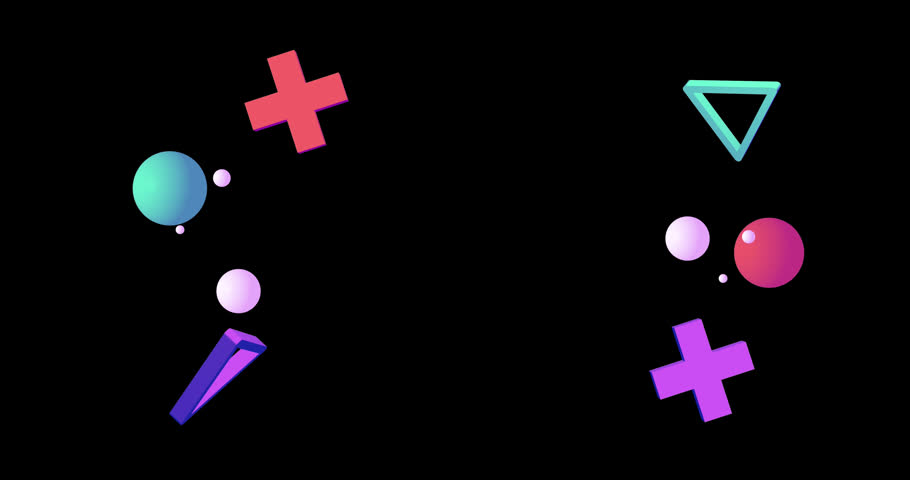 Animation of floating 3d shapes over purple and pink abstract forms on black background. Data, connection, digital interface and retro future concept digitally generated video.