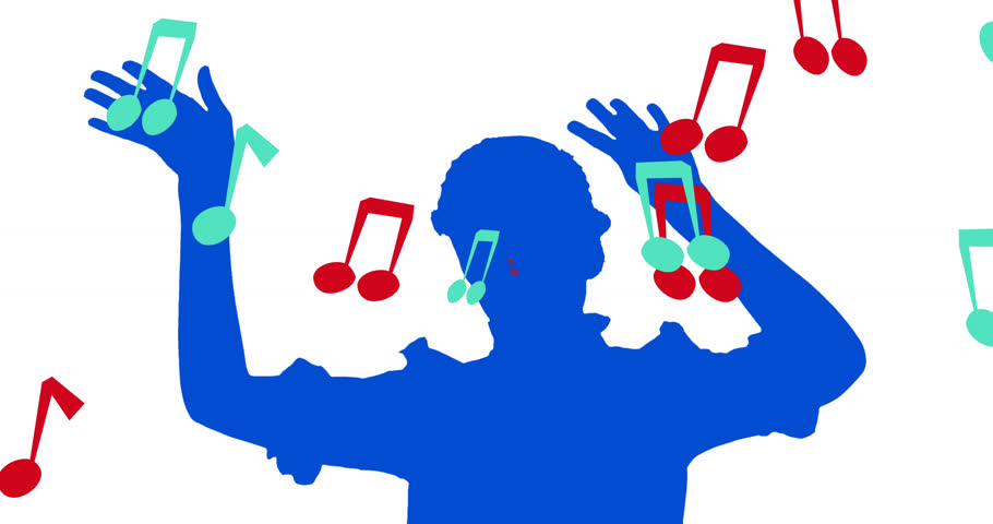 Animation of music notes falling over blue woman