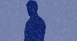 Animation of rain drops falling over blue man's silhouette. Nature, weather and rainfall concept digitally generated video.