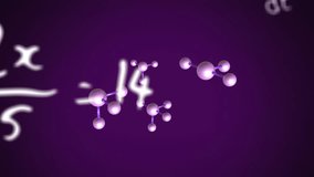 Animation of macro of molecules and mathematical data processing on purple background. Global science, computing, digital interface and data processing concept digitally generated video.