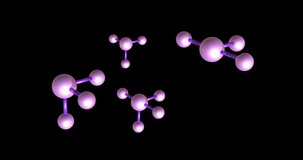 Animation of macro of purple molecules on black background. Global science, computing, digital interface and data processing concept digitally generated video.