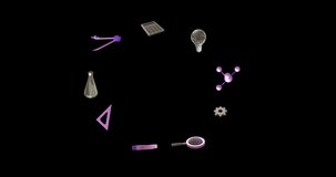Animation of chemistry icons with copy space on black background. Global science, computing, digital interface and data processing concept digitally generated video.