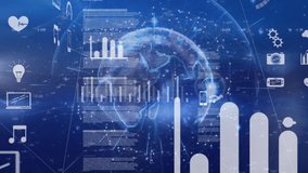 Animation of data processing and light trails over spinning globe against blue background. Global networking and business technology concept - Powered by Shutterstock - Get 15% off with code: PIKWIZARD15