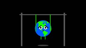 This is a motion graphic animation video of a cartoon planet earth doing pull-ups exercise, on alpha channel background.