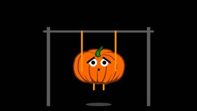 This is a motion graphic animation video of a cartoon pumpkin doing pull-ups exercise, on alpha channel background.