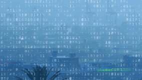 Animation of glitched looping binary codes over fog covered under construction modern buildings. Digital composite, multiple exposure, distortion, coding, architecture and technology concept. - Powered by Shutterstock - Get 15% off with code: PIKWIZARD15