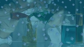 Animation of digital clock and 3d cubes over caucasian boy pouring liquids in beaker. Digital composite, multiple exposure, shape, time, experiment, childhood and education concept. - Powered by Shutterstock - Get 15% off with code: PIKWIZARD15