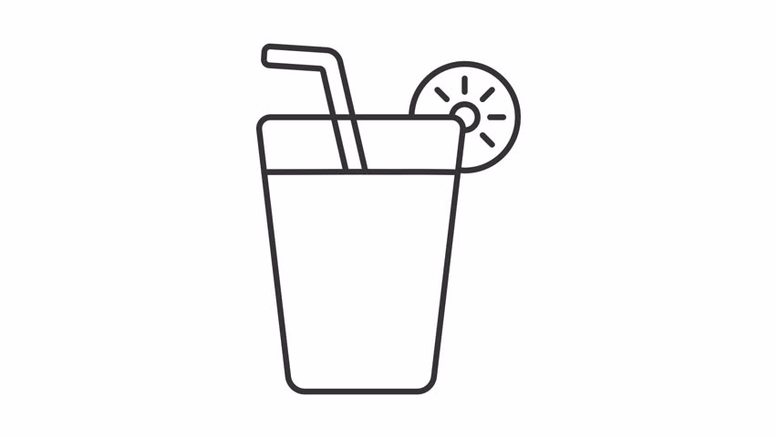 No cold drink icon animation. Animated line lemonade glass and cross sign. Ice cubes falling. Summer safety. Loop HD video with alpha channel, transparent background. Outline motion graphic