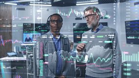 Multiracial financial analysts look on computer generated virtual 3D real-time stocks on glass wall, analyze business strategy in investment bank. Computers and big digital screens on background. - Powered by Shutterstock - Get 15% off with code: PIKWIZARD15