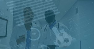Animation of financial data processing over diverse doctors. Global medicine, computing and data processing concept digitally generated video.