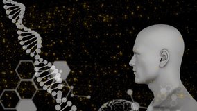 Animation of dna strand, human head over data processing on black background. Global science, research, computing and data processing concept digitally generated video. - Powered by Shutterstock - Get 15% off with code: PIKWIZARD15