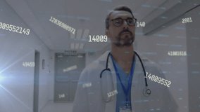 Animation of financial data processing over caucasian male doctor. Global medicine, digital interface and data processing concept digitally generated video.