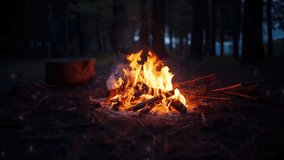 4K video fire in firepit at night in forest. motion graphic bonfire zoom-out.