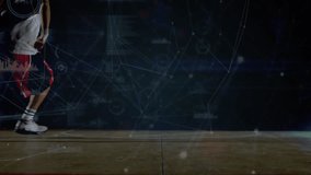 Animation of network of connections over caucasian male basketball player. Global sports, connections, digital interface, computing and data processing concept digitally generated video.
