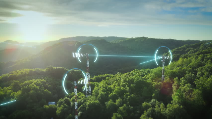 Telecommunication towers in green clean forest area exchange network data through glowing lines Royalty-Free Stock Footage #1105571095