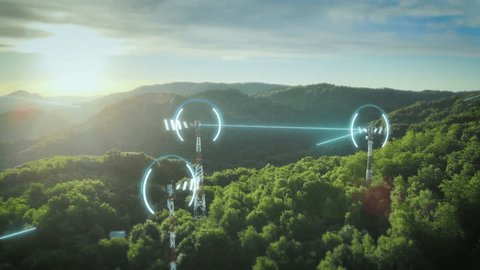 Telecommunication towers in green clean forest area exchange network data through glowing lines Stockvideo