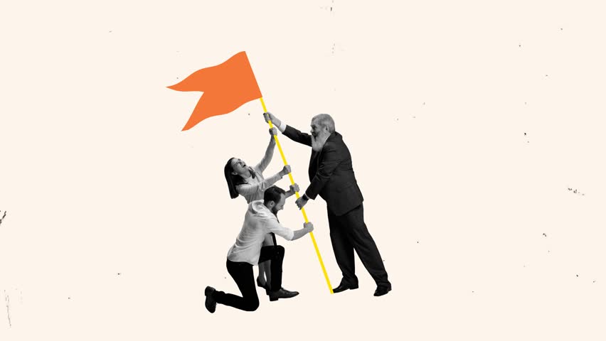 Team success. Contemporary art collage of people holding winning flag symbolizing success. Concept of achievement, professional and personal growth, career, team work. Stop motion animation, 2D