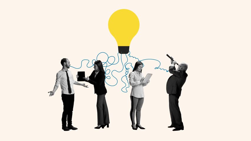 Stop motion, 2D animation. Group of people, employees generating business ideas. Lightbulb symbolizing solution, brainstorm. Concept of business, motivation, achievement, goal, team work and ad Royalty-Free Stock Footage #1105571385