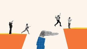 Leadership. Contemporary art collage business people climbing jumping over cliff symbolizing success. Stop motion, 2D animation. Concept of motivation, goal, professional growth, teamwork, support. - Powered by Shutterstock - Get 15% off with code: PIKWIZARD15