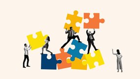 Stop motion, 2D animation. Contemporary art collage. Group of people, office staff making puzzles. Team building, brainstorm, new ideas, coworking space concept - Powered by Shutterstock - Get 15% off with code: PIKWIZARD15