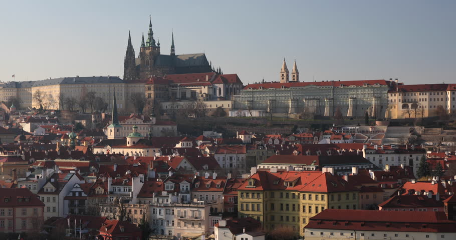 Looking over the rooftops of Prague towards the Saint Vitus cathedral, Czech Republic.
