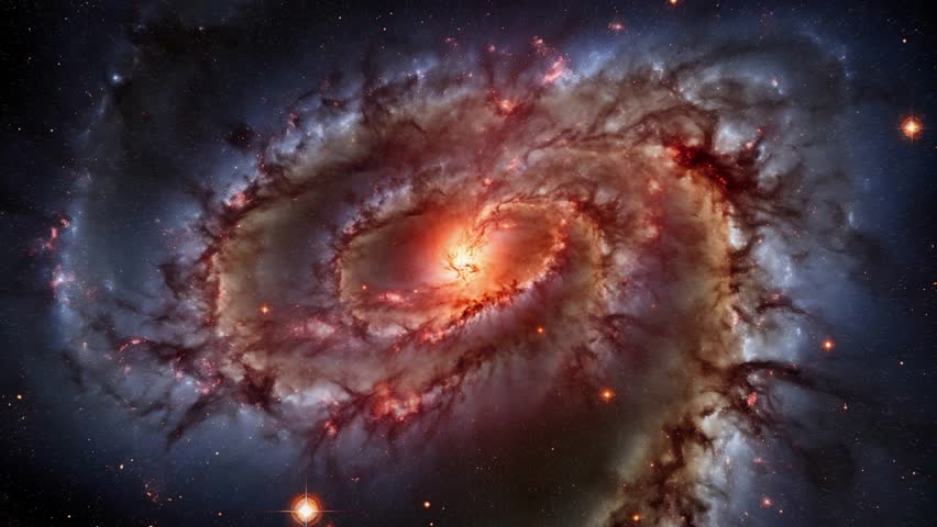 A huge galaxy in the center of which is a bright light. High quality 4k footage