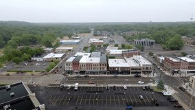 Downtown Niles, Michigan with drone video moving sideways.