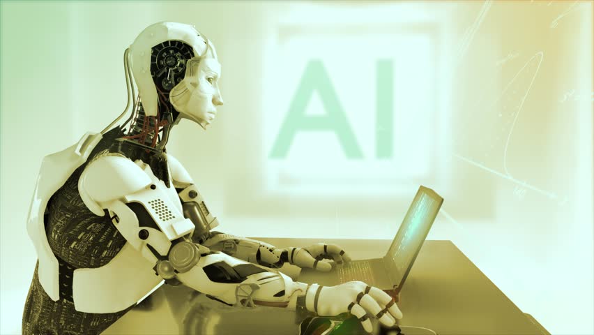 High quality 3D CGI profile shot of an Artificial Intelligence humaniod robot at a laptop computer in a virtual AI environment with data and equations floating around him - warm gold color scheme Royalty-Free Stock Footage #1105582885