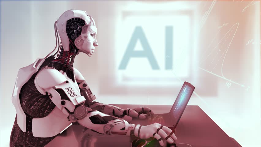 High quality 3D CGI profile shot of an Artificial Intelligence humaniod robot at a laptop computer in a virtual AI environment with data and equations floating around him - hot red color scheme - Powered by Shutterstock - Get 15% off with code: PIKWIZARD15