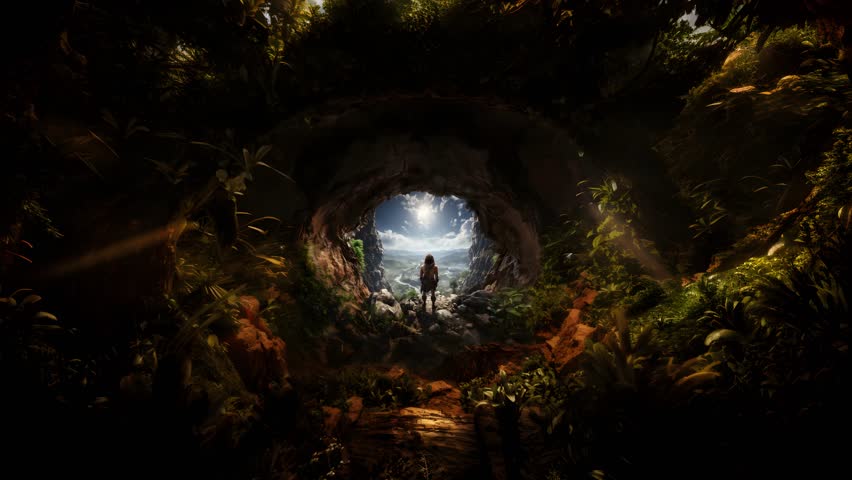 Caveman looking outside his cave, prehistoric times, 4k video