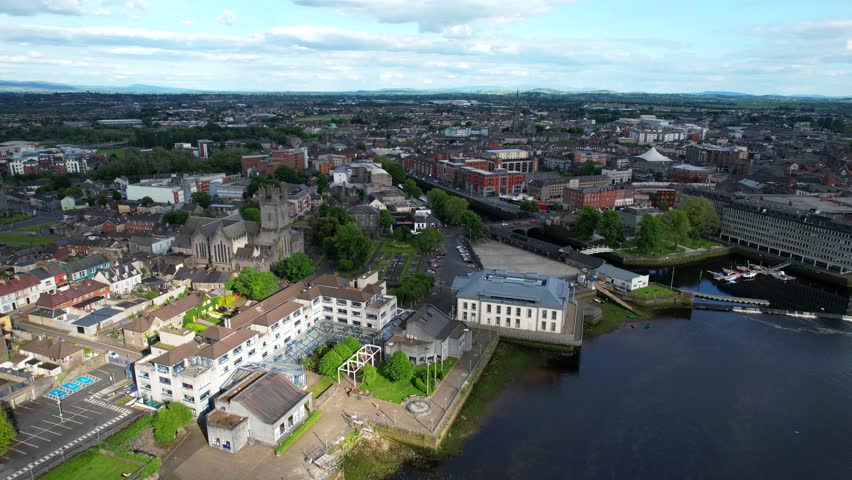 Shannon River and Limerick city in western Ireland seeing from a drone, aerial 4K