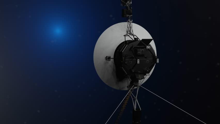 3D animation showing the Voyager space probe in deep space.