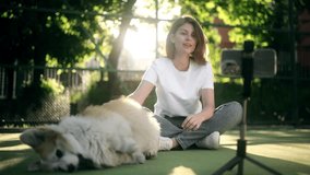 A young, beautiful female blogger in a white T-shirt and jeans is broadcasting live from her phone. The girl is streaming while her fluffy corgi is playing around her
