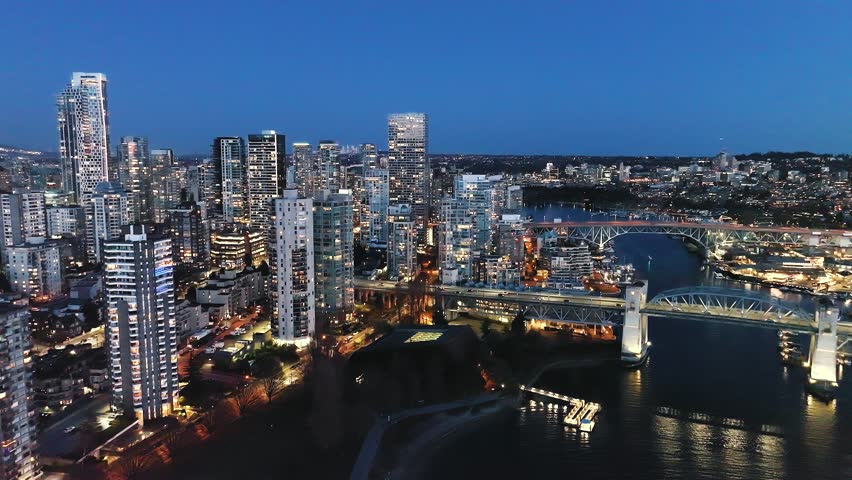 Aerial view on downtown of Vancouver at night, Granville bridge and False Creek