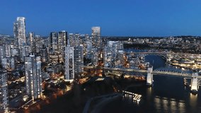 Aerial view on downtown of Vancouver at night, Granville bridge and False Creek